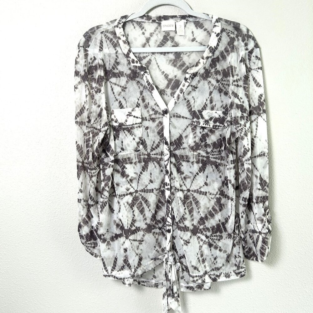 Chicos Button Up Tie Waist Top Size L 2 Gray White Tie Dye Roll Tab Pockets